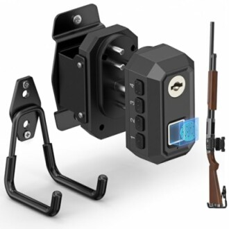 Gun safe lock mount with biometric and keypad entry.