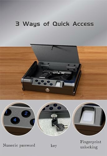 Gun safe with numeric, key, and fingerprint access options.