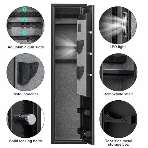 Gun safe with adjustable slots, LED light, removable shelf, and storage box.