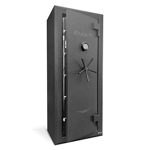 Large black gun safe with steel door and combination lock.