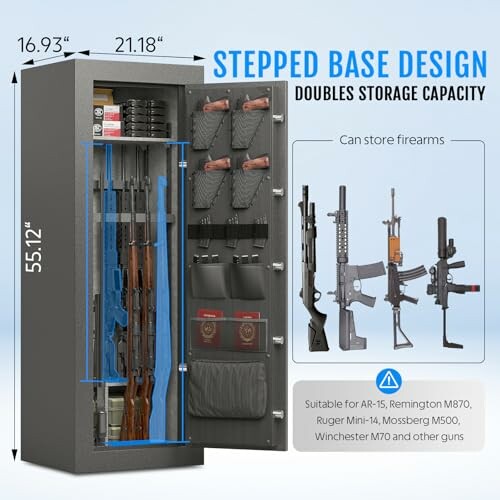 Gun safe with stepped base design showing storage capacity for rifles and firearms.