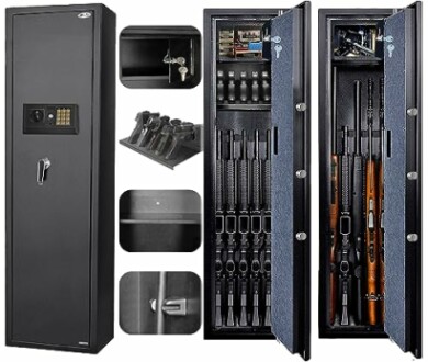 Gun safe with rifles and secure locking mechanisms.