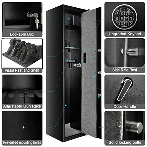 Gun safe with lockable box, keypad, pistol rest, adjustable rack, and locking bolts.