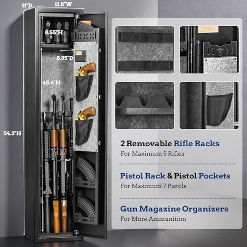 Gun safe with storage for rifles, pistols, and magazines.