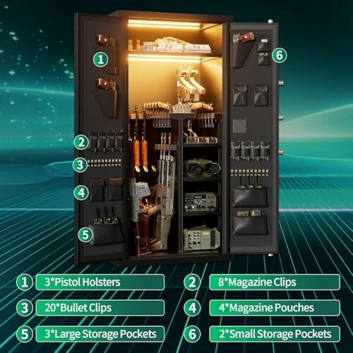 Organized gun safe with various firearms and storage compartments.
