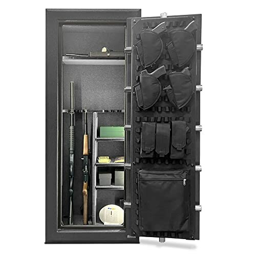 Open gun safe with rifles, ammunition, and door organizer.