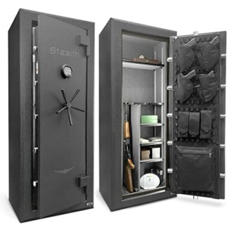 Gun safe with rifles and storage compartments.