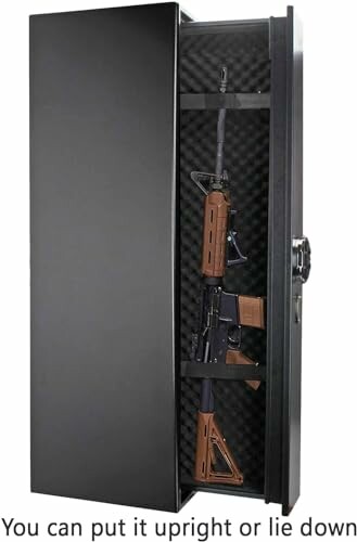 Black gun safe with rifle inside, door partially open.