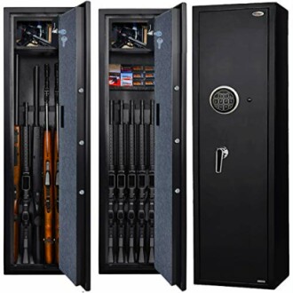 Three views of a black gun safe with digital locks, showing interior storage for rifles and ammunition.