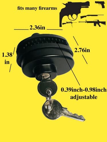 Gun safety lock with dimensions and keys on yellow background.