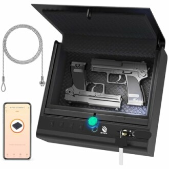Open gun lockbox with two pistols, a security cable, and a smartphone app interface.