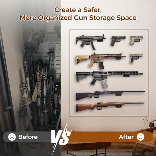 Comparison of gun storage; cluttered vs organized wall display.