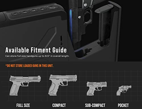 Gun storage fitment guide with illustrated handgun sizes.