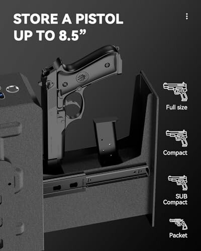 Pistol storage safe with size options.