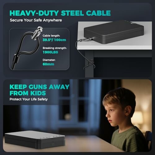 Heavy-duty steel cable securing a safe and keeping guns away from kids.