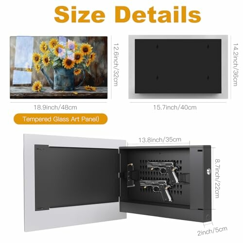 Hidden wall gun safe disguised as sunflower art panel with size details.