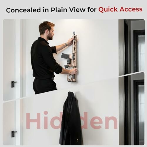 Man accessing hidden wall gun storage behind hanging coat.