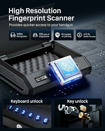 High-resolution fingerprint scanner for handgun access with keyboard and key unlock options.