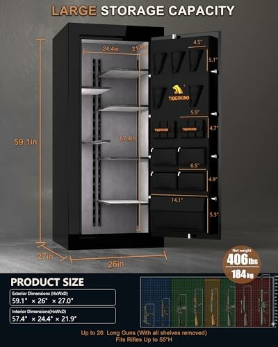 Large gun safe with storage capacity and dimensions.