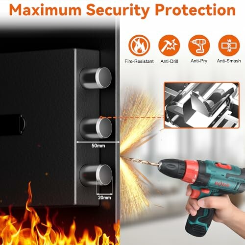Safe with drill showing fire-resistant, anti-drill, anti-pry, and anti-smash features.
