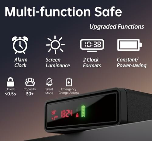 Digital safe with alarm clock, screen luminance, clock formats, and power-saving features.