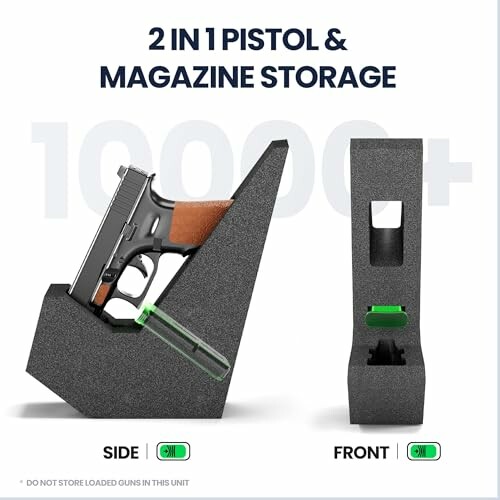 2 in 1 pistol and magazine storage unit, side and front view.