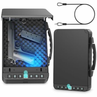 Portable gun safe with combination lock and security cable.
