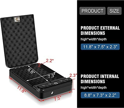 Portable safe showing external and internal dimensions.