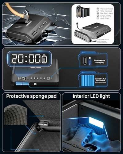 Features of a portable safe with LED light, charging function, and protective sponge pad.