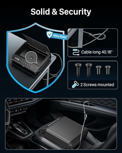 Portable safe secured in a car with cable and screws.