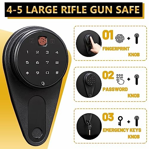 Infographic showing features of a rifle gun safe with fingerprint, password, and emergency keys.