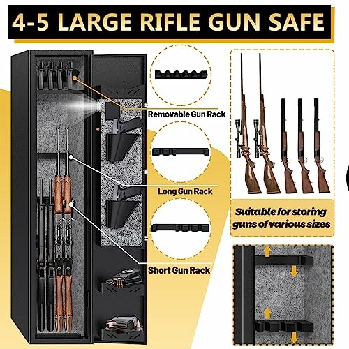 Gun safe with rifle storage racks for various sizes.