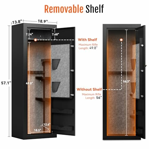 Rifle storage cabinet dimensions with removable shelf.