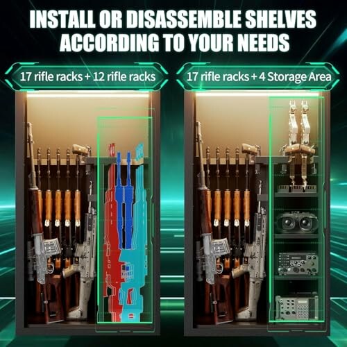 Two configurations of rifle storage with racks and storage areas.