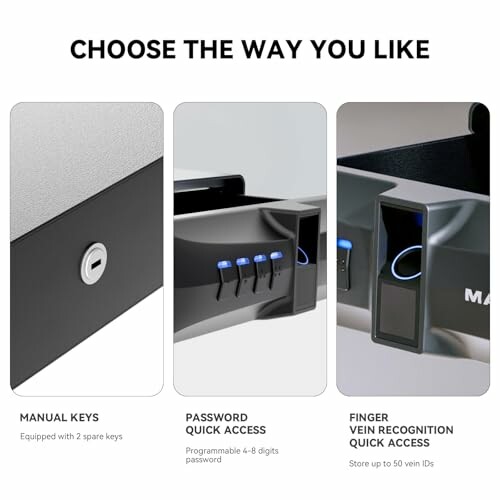 Three safe access methods: manual keys, password quick access, and finger vein recognition.