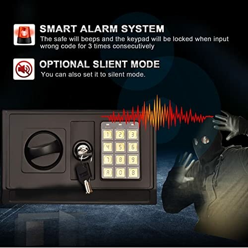 Safe with keypad and keys, featuring smart alarm and silent mode options.