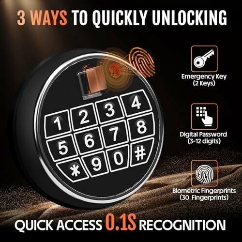 Safe lock with keypad, fingerprint, and key unlocking options.