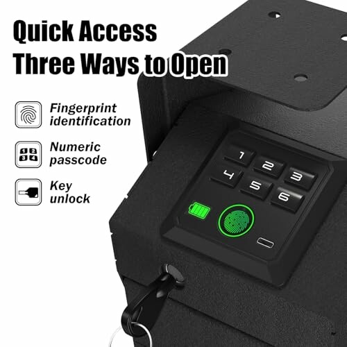 Safe with three access methods: fingerprint, numeric passcode, and key unlock.