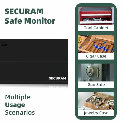 SECURAM Safe Monitor with tool cabinet, cigar case, gun safe, and jewelry case usage scenarios.