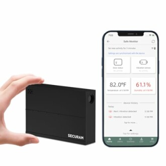 SECURAM smart temperature and vibration monitor with smartphone app interface.