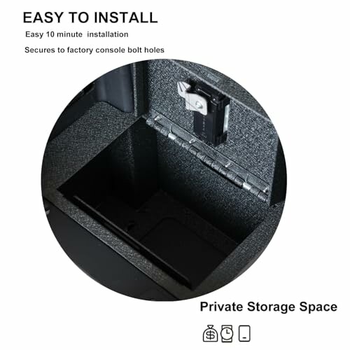Console storage box with lock, easy installation.