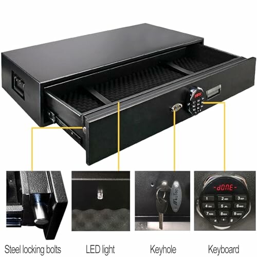 Secure drawer safe with electronic lock, featuring steel locking bolts, LED light, keyhole, and keyboard.