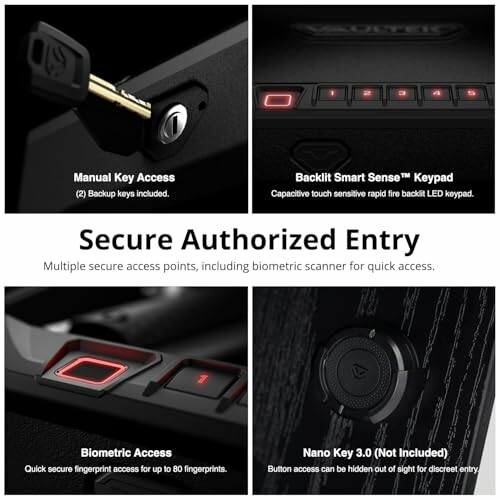 Secure entry options with key, keypad, biometric, and nano key access.