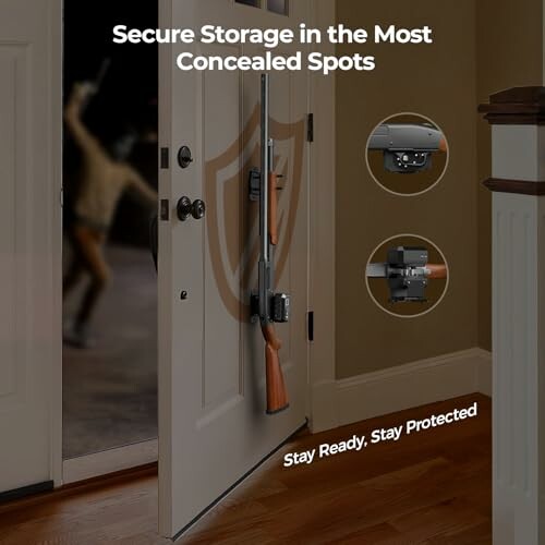 Gun securely stored in a door with locking mechanisms.