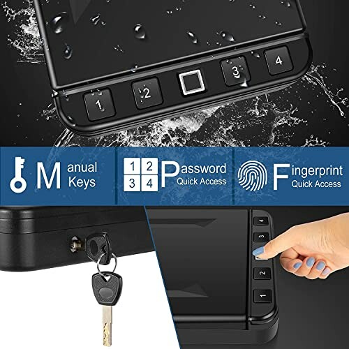 Security lock box with manual key, password, and fingerprint access.