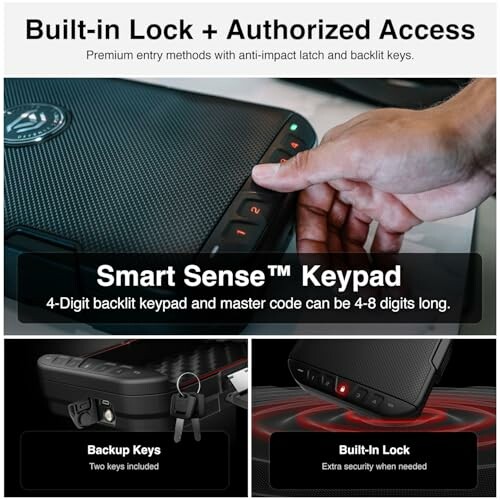 Secure lockbox with built-in lock, keypad, and backup keys.
