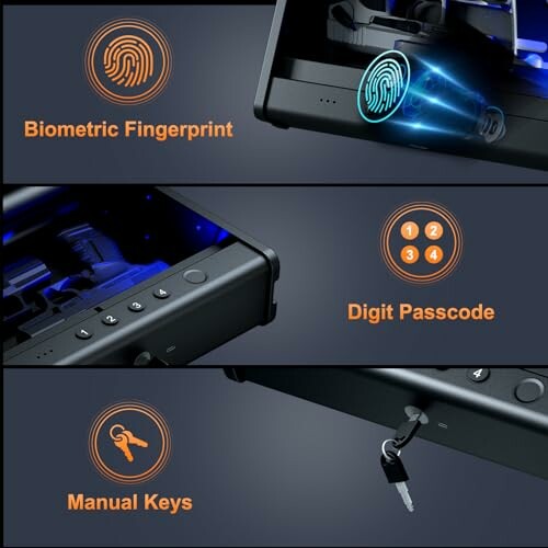 Secure locking system with biometric fingerprint, digit passcode, and manual keys.