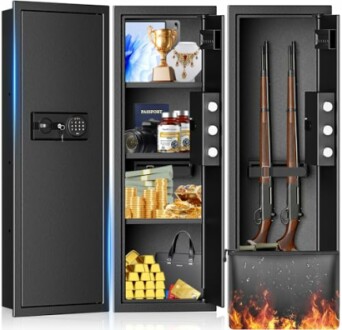 Open safe containing rifles, trophies, passport, cash, gold bars, and jewelry.