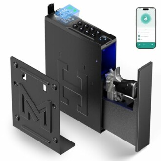 Smart gun safe with digital keypad and smartphone app control.