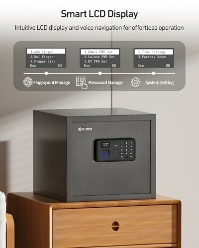 Safe with smart LCD display on a wooden table.